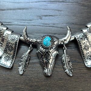 By The Bay NY Necklace/Earring Set,bull head, silver tone,faux turquoise stones